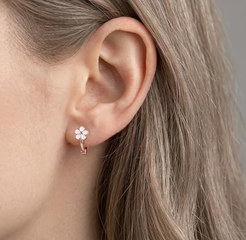 Image of Reffeer Solid 925 Sterling Silver Flower Hoop Earrings Huggie for Women Teen Girls Daisy Hoop Earrings Cartilage Helix Earrings