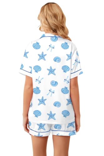 Image of Umeyda Women & Girls Pajamas Set, Soft Satin Lightweight Silk Button-Down Top with Shorts 2 Piece PJS for Mom Boys Kids Gifts
