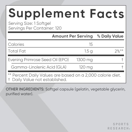 sports research evening primrose supplement from cold pressed oil - softgels for womens health amp skin health - gluten free amp non-gmo gla - high potency 1300mg 120 count
