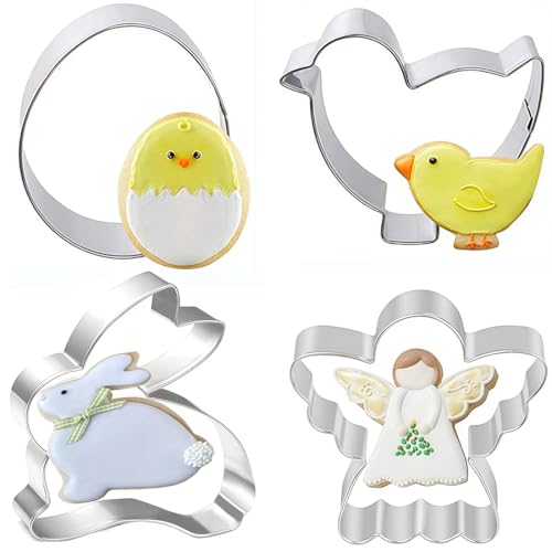 AFCJLTO 4 peças moldes bolachas Páscoa, moldes de Páscoa bolachas aço inoxidável, cortadores de Páscoa cortadores, Cookie Cutter, cortadores de bolachas Páscoa - coelho, piruto, ovo, anjo