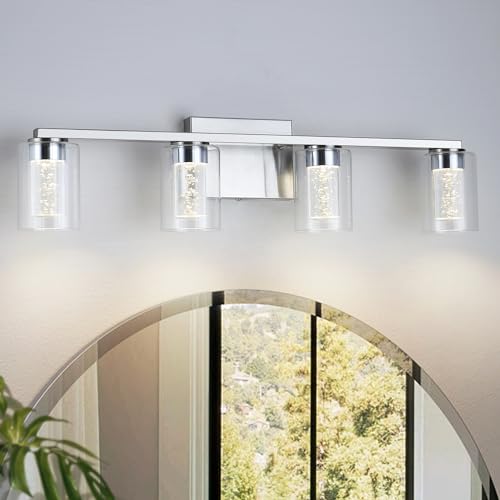 Stofoudy 4-Light Brushed Nickel Bathroom Light Fixtures, Dimmable Vanity Light with Clear Glass Shade, Crystal LED Bathroom Lights Over Mirror for Bedroom, Living Room, Hallway, Farmhouse