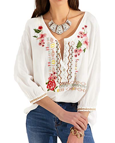 Mansy Womens Embroidered Tops 3 4 Sleeve Bohemian V Neck Loose Mexican Peasant Shirts Tunics Blouses