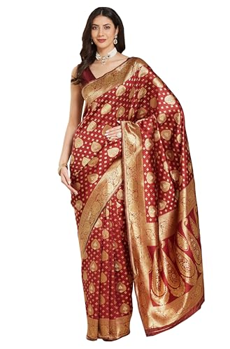 Image of Janasya Women's Maroon Silk Blend Ethnic Motifs Woven Design Jacquard Saree with Blouse Piece