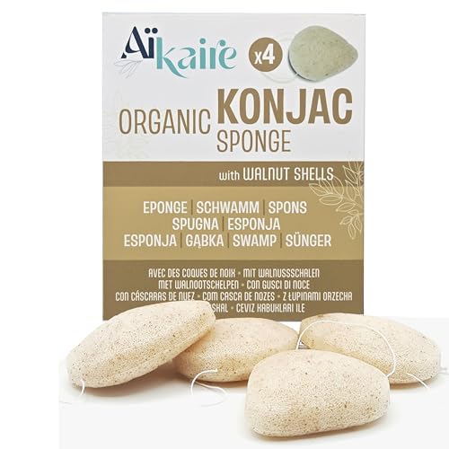 Esponja Konjac orgánica exfoliante con cáscaras de nuez rotas para el rostro asociado | Juego de 4 esponjas en forma de gotas | Esponja vegetal limpiadora natural