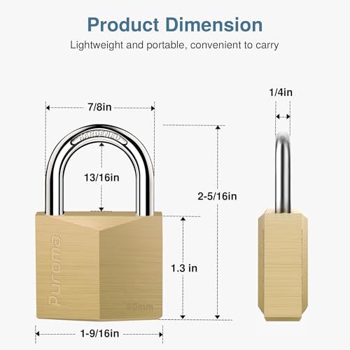 Image of Puroma 1 Pack Keyed Padlock Waterproof Solid Brass Lock, 1.1 Inch Padlock with Keys for Sheds, Storage Unit School Gym Locker, Fence, Toolbox, Hasp Storage