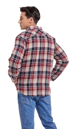 Image of Men's Sherpa Cotton Flannel Shirt Jacket Plaid Button Coat Pocket