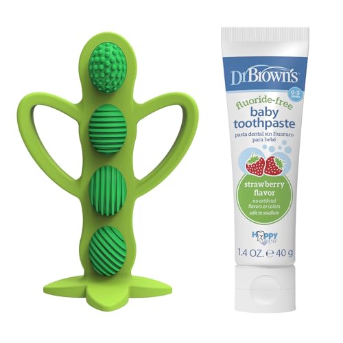 Image of Dr. Brown's Peapod Teether and Training Toothbrush, Soft and Safe for Baby Gums and Baby Toothpaste, Strawberry Flavor Toddlers and Kids Love, Fluoride Free, Made in The USA, 0-3 Years, 1.4oz
