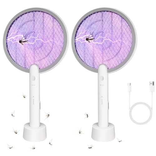 2 Pack Electric Fly Swatter Racket, 2 in 1 Bug Zapper Racket, Fly Killer and Mosquito Trap Lamp, USB Rechargeable with 1200mAh Battery for Indoor and Outdoor Home Backyard Patio Camping