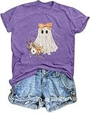 Halloween Ghost T Shirt Women Funny Pumpkin Printed Cute T Shirts Retro Spooky Season Tees Short Sleeve Fall Season Tees(Medium,Purple)
