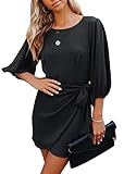 【Style:】Party Kleid, 3/4 Ärmel, Einfarbig undurchsichtig , Rundhals, mit Gürtel（Nicht abnehmbar）-- Gummiband an der hinteren Taille , Perfekt als alltagskleid und zeigen einen eleganten weiblichen Charme.