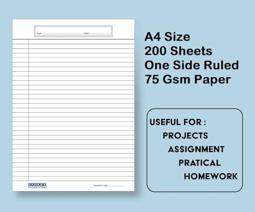 Image of KAANUKA A4 Size One Side Ruled Sheets | 200 Sheets | 75 GSM Premium Paper | For School, College & Office Use | Writing, Projects, Assignments, Practicals, Homework
