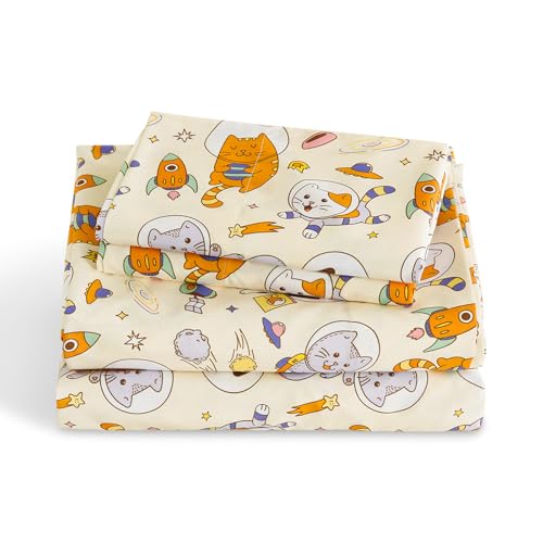 LONAVA Full Sheet Set Kids - Space Cat 4 Pieces Soft Cute Microfiber Bed Sheet for Boy Girls Teens, Oeko Texted Breathable Cooling Fabric & Deep Pocket Full Elastic Sheets