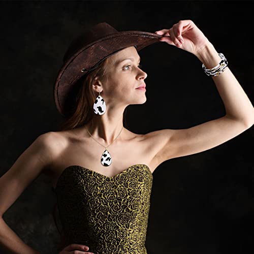 Sureio 4 Pcs Cow Print Jewelry Set Cow Print Accessories for Women Earrings Pendant Necklace Black and White Multi Layer Bracelet for Women Cosplay Party Supplies Accessories4