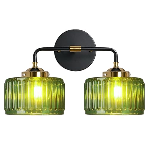 Image of Bathroom Light fixtures Mid Century Wall Sconce 2-Lights with Green Striped Shade Glass Wall Mount Light Modern Vanity Lights for Over Mirror Bedroom Hallway Overhead