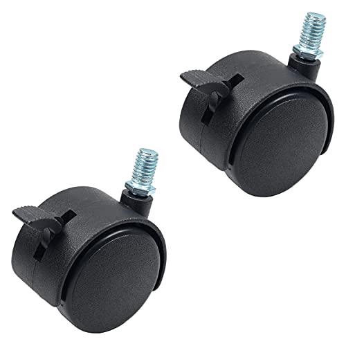 1.97 inch Wheel Dia PP Swivel Caster Wheels Plastic 360 Degree 10mm x 15mm Threaded Stem Caster Twin Wheel 50mm for Office Chair Commodity Shelf Black Tone with Brake 4Pcs