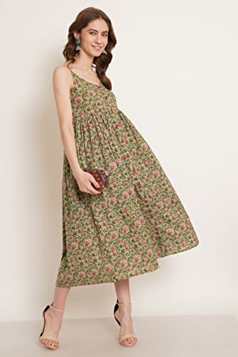 Image of COTLAND Fashions Jaipuri Cotton Printed Flared Strappy Midi A-Line Dress For Women (Meadow Mist) Medium