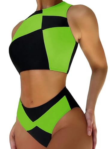 Womens Colorblock Shego Costume - Rave Outfit Swimsuits High Neck Crop Top High Waisted Bottom Halloween Bikini Set