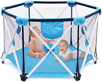 Baby Playpen for Baby Foldable and Portable Hexagonal Folding Playpen with Breathable Mesh and Storage Bag Indoor and Outdoor Play for 0-4 Ages (Blue)