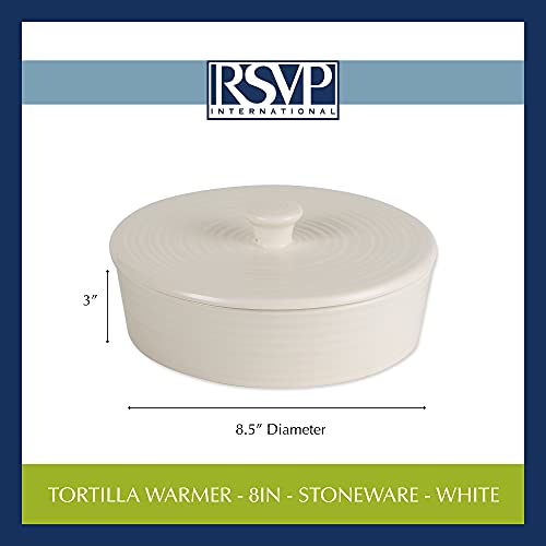 Rsvp International Stoneware Tortilla Warmer & Server With Lid, Dishwasher, Microwave And Oven Safe, 8" Dia X 3", White #TOP5
