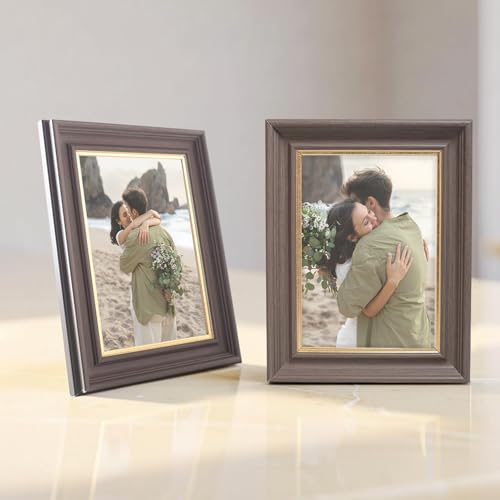 Image of GOLDEN PEACOCK Set of 2 5x7 Inch Photo Frames - Antique Taupe with Gold Border | Elegant Tabletop & Wall Hanging Picture Frames for Home Decor, Living Room & Gifting