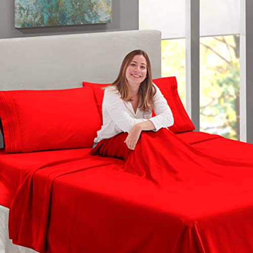 Image of Nestl King Bed Sheet Set - Red - 4-Piece Deep Pocket | Instantly Soft, Night-One Ready (No Wash Required). Fits 16-Inch Deep Pockets, 360-Degree Elastic Grip