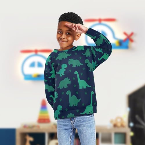 JUNZAN Green Dinosaur Deep Blue Little Kids Sweatshirt Hoodie Crewneck Kids Pullover Hoodie Camping 4T4