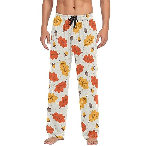 Autumn Oak Leaves Pajama Pants Orange Acorns Lounge Sleepwear PJs Men's Pajama Bottoms Casual Sleep Pants XL