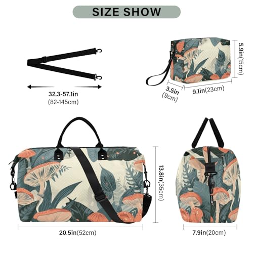 Large Travel Duffel Bag, Mushroom Sports Tote Gym Bag, Shoulder Weekender Overnight Bag for Women Men, Carry On Luggage with Toiletry Bags3
