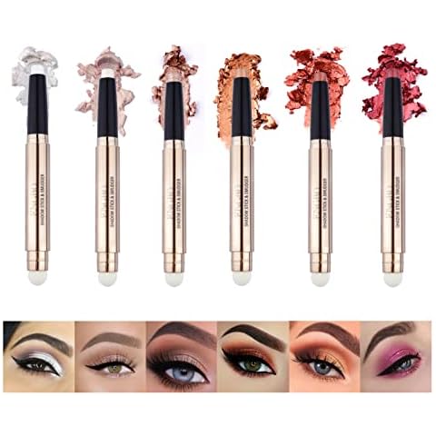 Domality 6 Colors Double-end Shimmer Cream Eyeshadow Stick Set, 6Pcs Rotatable Eye Shadow Pencil Crayon, Glitter Eyeshadow Stick with Sponge Brush for Eye Makeup Cover