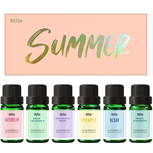 Summer Fragrance Oil, MitFlor Premium Scented Oils for Diffuser, Soap & Candle Making Scents, Summer Aromatherapy Essential Oils Gift Set, Ocean, Midsummer Night, Pineapple and More, 6x10ml