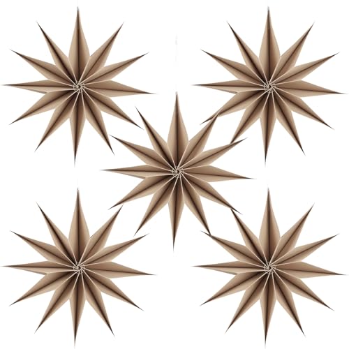 Image of 12 Inches 5 PCS Brown Paper Star Lanterns Christmas Hanging Lamp Rustic Paper Decorations Shade Wedding Birthday Christmas Home Party Decorations (12 Pointed)