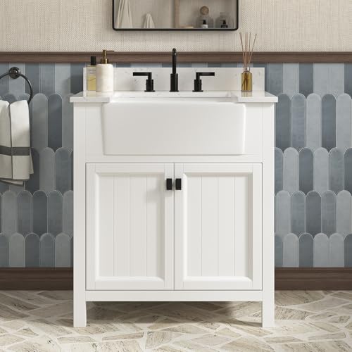 DELUXE LIVING 30 Inch Farmhouse Bathroom Vanity with Sink, White