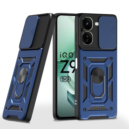 Image of Pikkme D10 Tough Armor Bumper Case | 360 Protection Case | Sliding Camera Shield Cover & Ring Holder Stand Back Cover for iQOO Z9X 5G (Blue)