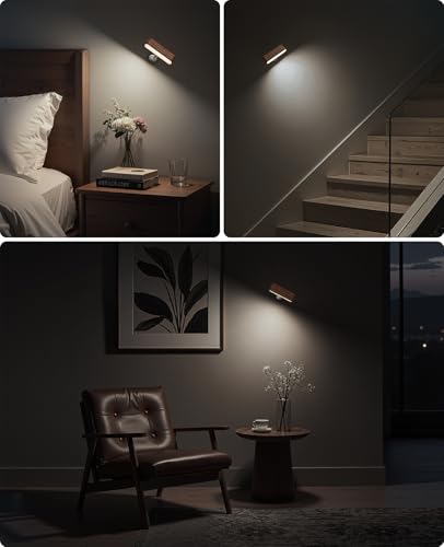 Image of Wood LED Wall Sconce Magnetic 360Rotate Wall Mounted Lamp Brightness Adjustable Night Lights Rechargeable Battery Powered Reading Light for Bedside Hallway Living Room (1 Pack Black Walnut)