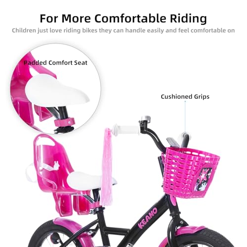 Image of KEANO Zinnia 14 16 20 Inch Kids Bike for Girls Ages 3-10 Years, Girls' Bikes with Training Wheels, Streamers, Basket and Doll Seat, Children Bicycles