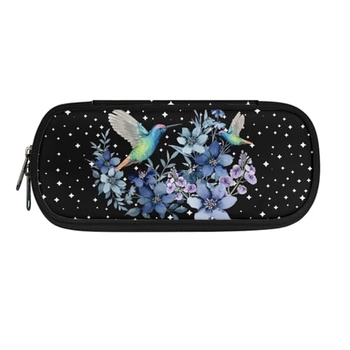 Image of Girls Boys Blue Hummingbird Flowers Stars Print Pencil Case, Pen Cases Stationery Pouch Storage Bag Desk Organizer for Back to School Supplies