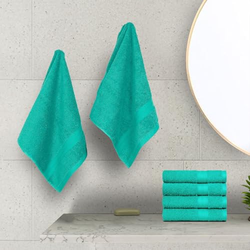 Image of Amazon Basics Fade-Resistant 100% Cotton Hand Towels for Bathroom, Soft Absorbent, 26 x 16 inches, Teal, 6-Pack