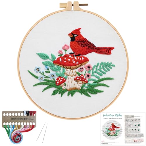 Image of Louise Maelys Cardinal Mushroom Embroidery Kit for Beginners DIY Craft | DIY Needlepoint Kit with Pre-Printed Fabric, Hoop, Threads, Needles and Guide. Cross Stitch Kit for Adults with Nature Design
