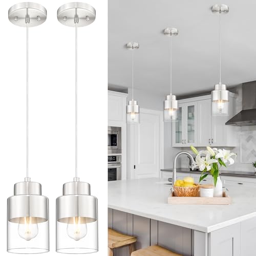 Audickic 2-Pack Pendant Lights Kitchen Island, Brushed Nickel Dual Shade Hanging Lights Fixtures with Metal and Clear Glass, Kitchen Pendant Lighting Over Island for Dining Room, AD-24022-1P2-SN