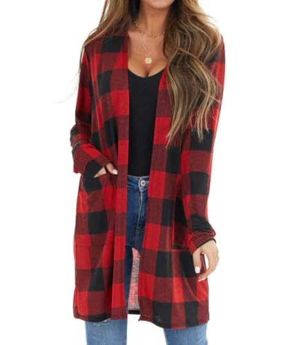 Lacozy Women's Plaid Print Open Front Long Knit Sweaters Colorblock Cardigan Lighter Tunic Stripe Tops Red S
