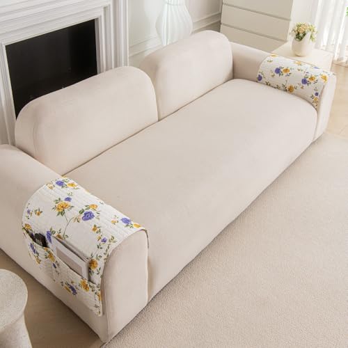 Image of HOMETHREADS Anti-Skid Sofa Protector Mat: Premium Printed Cotton Slipcover with Strong PVC Non-Slip Backing, (Purple Beige, 2Pc Armrest Mat | 50x75cm)
