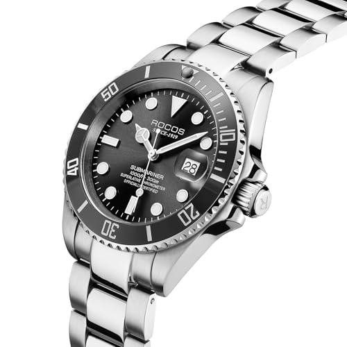 Image of ROCOSJEWE Men Analogue Silver Band Automatic Mechanical Watch Black /Green Dial Ceramic Bezel Waterproof Wristwatch Luminous Calendar Display Stainless Steel Adjustable Strap Gifts R0158Green