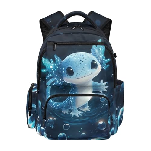 HUGS IDEA Mochila para meninas com alças acolchoadas, bolso frontal com zíper, dois bolsos laterais para escola, Axolote azul