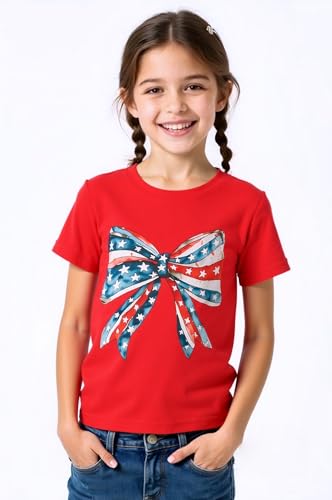 Image of Toddler Girl 4th of July Outfit Big Bow Print T-Shirt Top American Flag Clothes 2-7Y