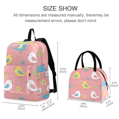 Kids Bag Set, Cute Birds Pink Waterproof Picnic Backpack, Backpacks for Girls Set2