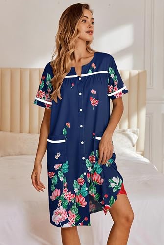 Image of Ekouaer Nightgowns for Women House Dress with Pockets Button Down Sleepshirt Short Sleeve Nightshirt Housecoat