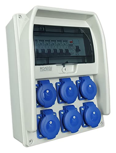 RoadEu - Distribuidor de Corriente Eléctrica. Caja cuadro electrico 6x 230V, con interruptor magnetotérmico diferencial de 25A y interruptor automático C16A. Ideal para Taller, Cobertizo y Fábricas