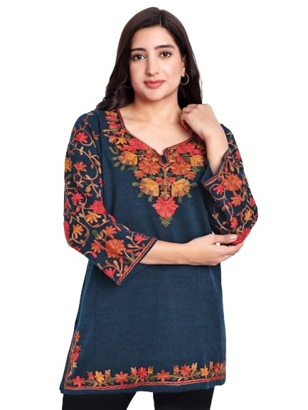 Image of HAUTEMODA Women Woollen Short Kashmiri Embroidery Phiran Kurta
