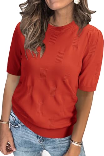 Image of Arach&Cloz Women's Short Sleeve Crew Neck Sweaters Trendy Teacher Work Tops | Lightweight&Breathable Fabric, Texture Knit Design, Relaxed Fit, Business Casual Outfits, Teacher Work Tops Fall 2026
