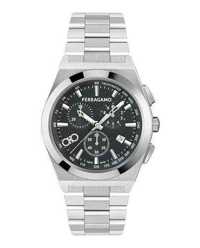 Ferragamo Vega Upper East Chrono Collection Luxury Mens Watch Timepieces with a Silver Bracelet Featuring a Stainless Steel Case and a Black Dial
